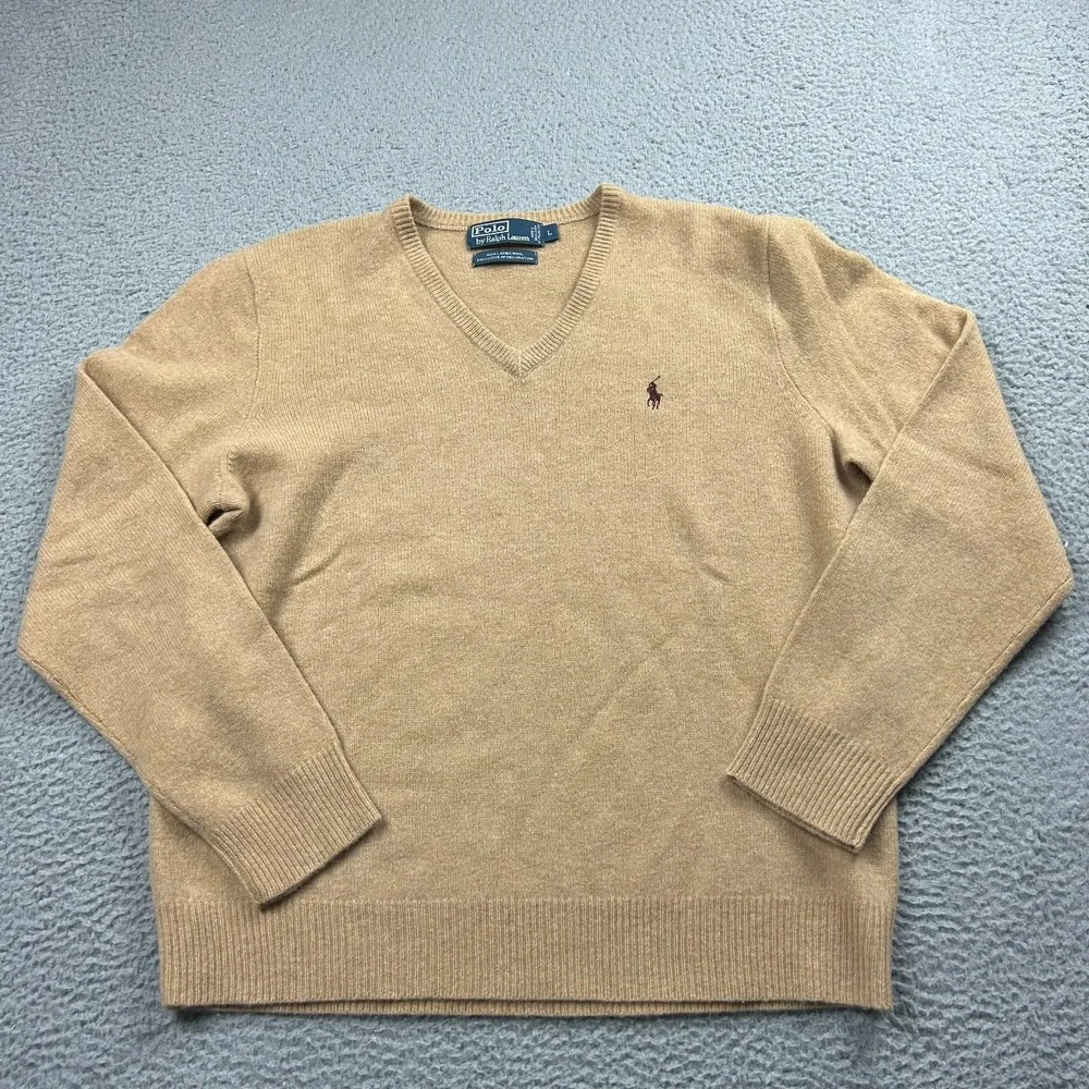 Polo Ralph Lauren Sweater Mens Large Brown 100% Lambswool V Neck Preppy